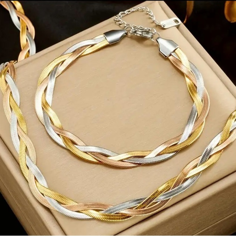Stainless Steel Tricolor Choker  Tri Braided Herringbone  Necklace, Bracelet